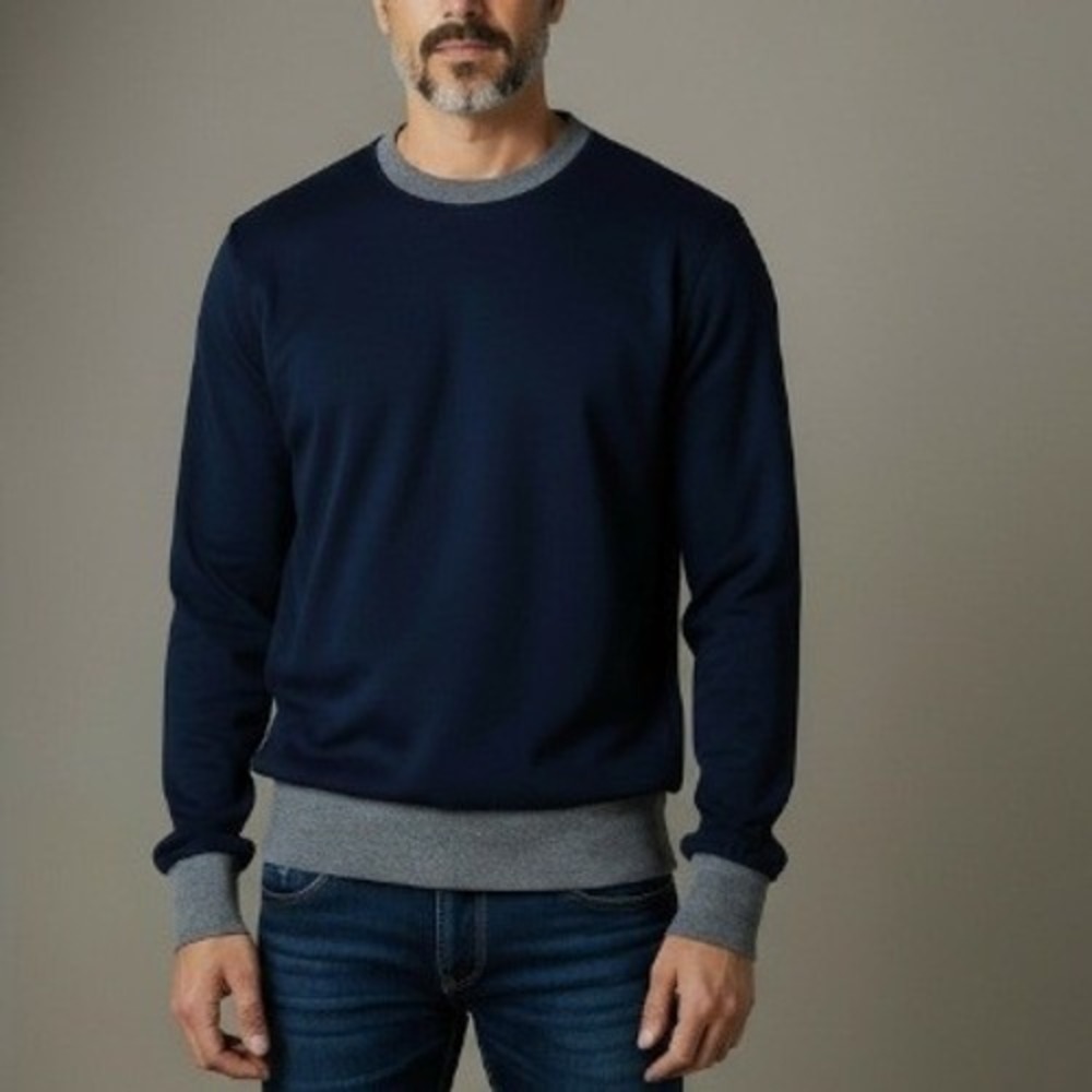 Patrick Assaraf Mens Merino Wool Crew Neck Color Block Sweater Preppy Gray Large